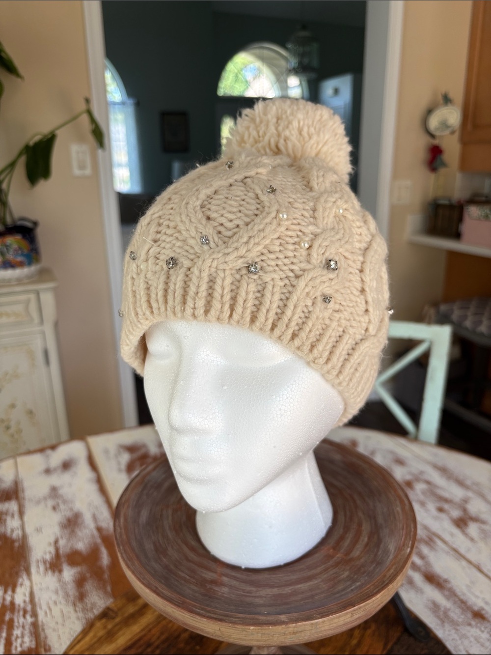 Madison Cream Cable-Knit Pom Beanie with Sparkle Accents